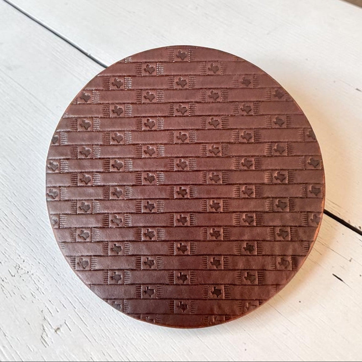 Texas Basketweave Bison Leather Round Coaster